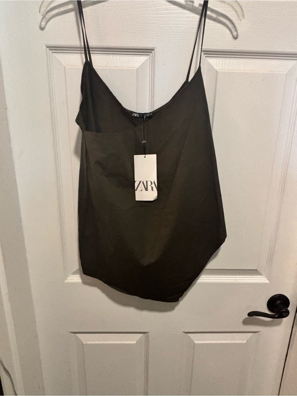 Zara Dark Olive Satin Cami with Thin Spaghetti Straps NWT